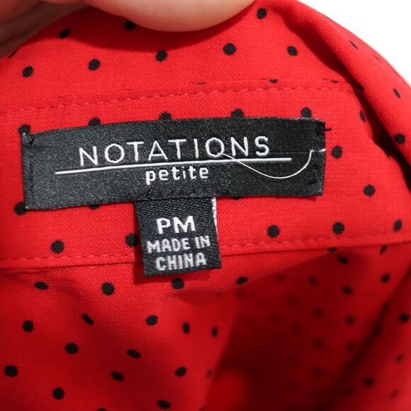 Notations Petite Red Black Polka Dot Mini Roll Tab Sleeve Button Down Blouse - Picture 14 of 15